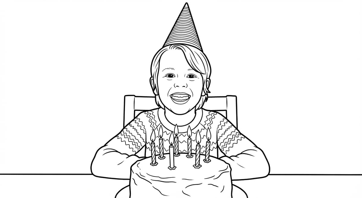 Birthday photo converted to clean coloring page line art by ChromaPrint AI