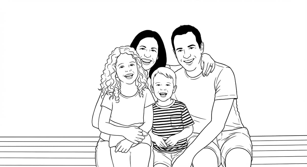 Family portrait converted to printable coloring page for grandparents