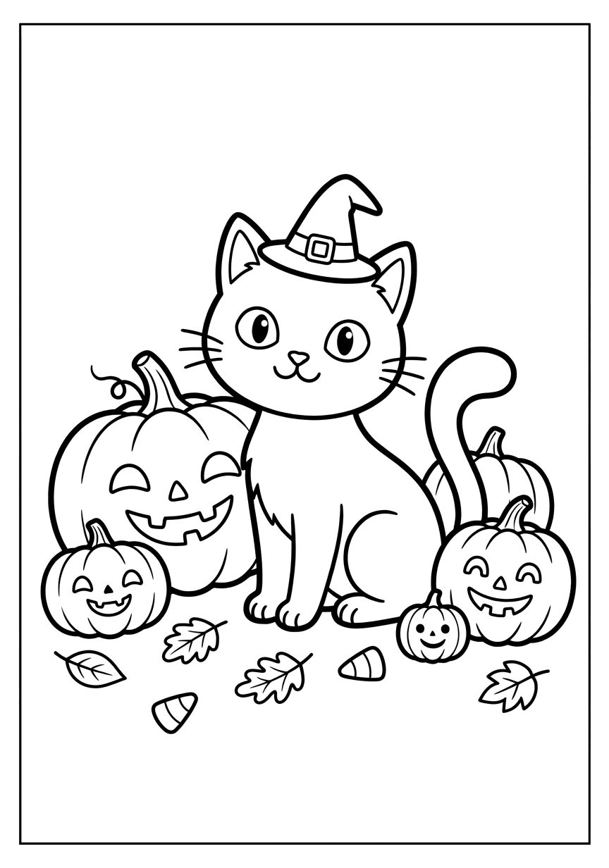 Black cat Halloween coloring page from the free ChromaPrint set