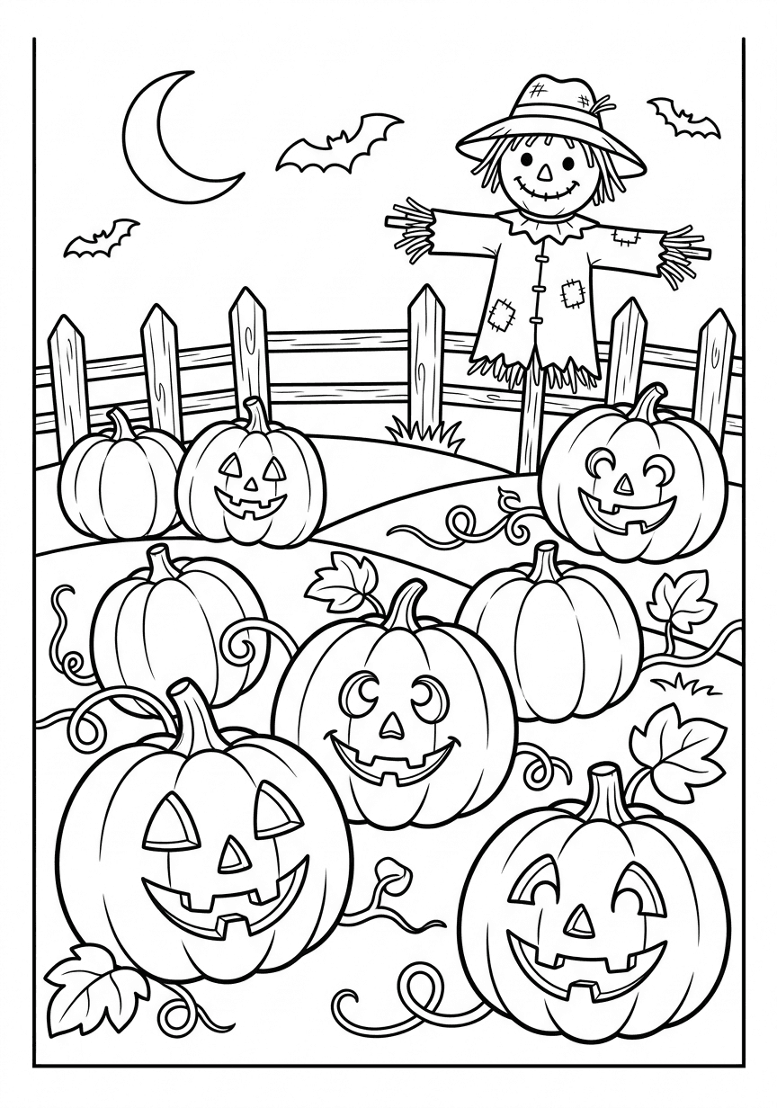 Pumpkin patch Halloween coloring page from the free ChromaPrint set