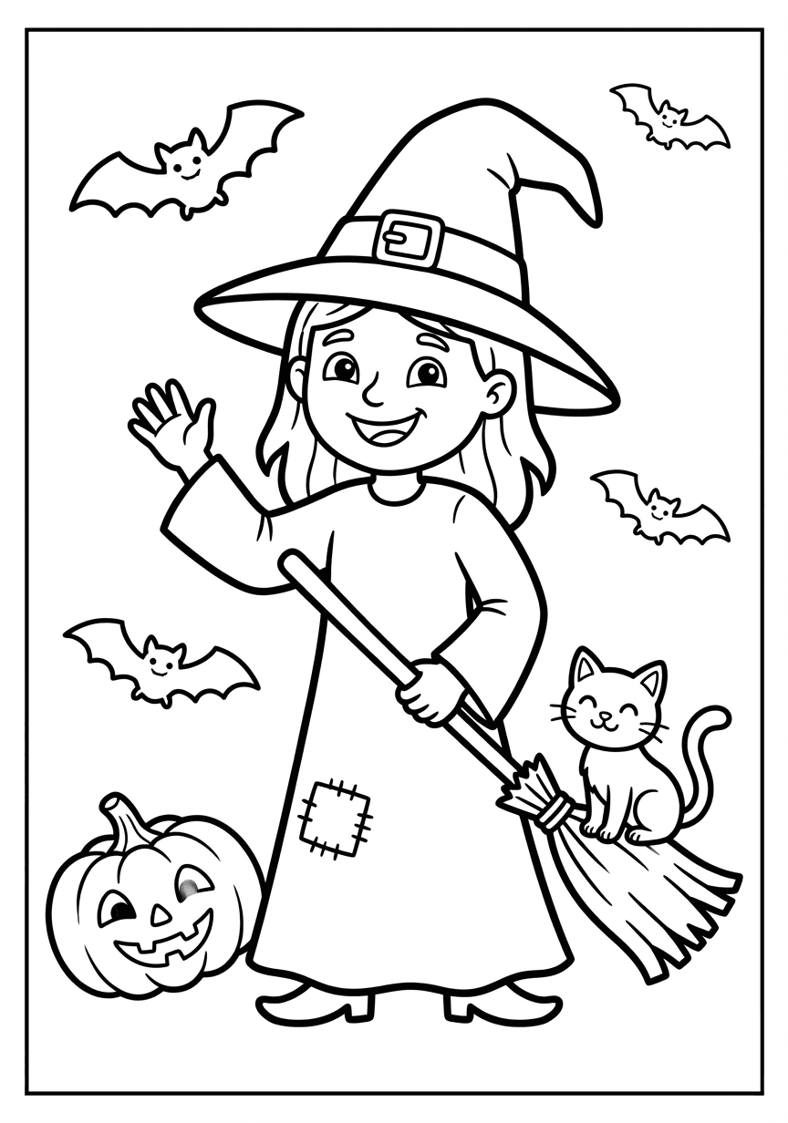 Witch Halloween coloring page from the free ChromaPrint set
