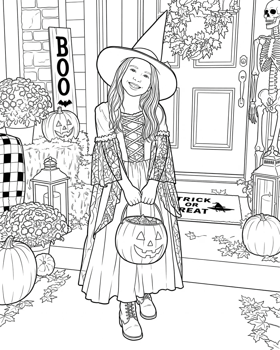 Child in a witch costume turned into a Halloween coloring page